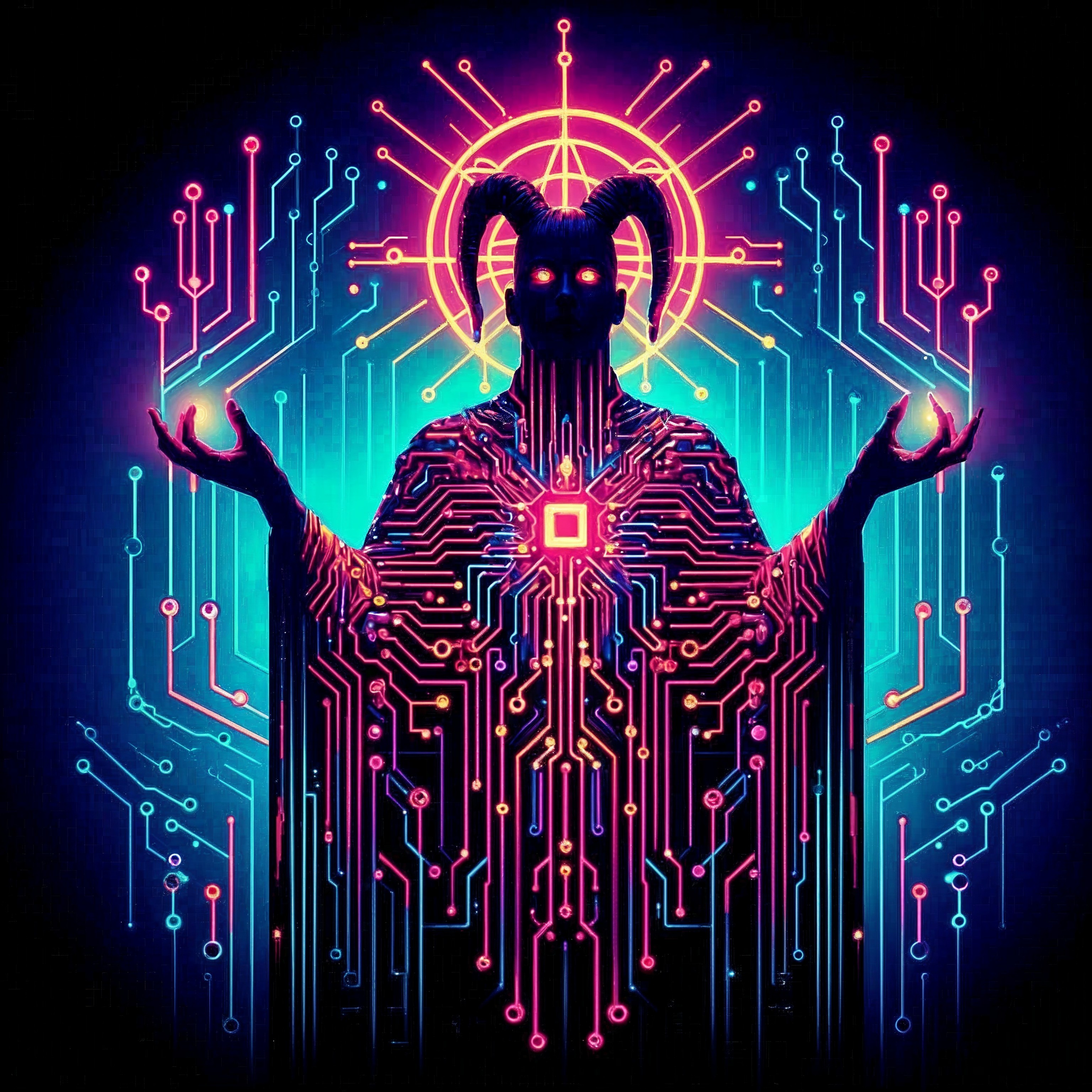 Cloaked figure with neon circuit patterns and halo