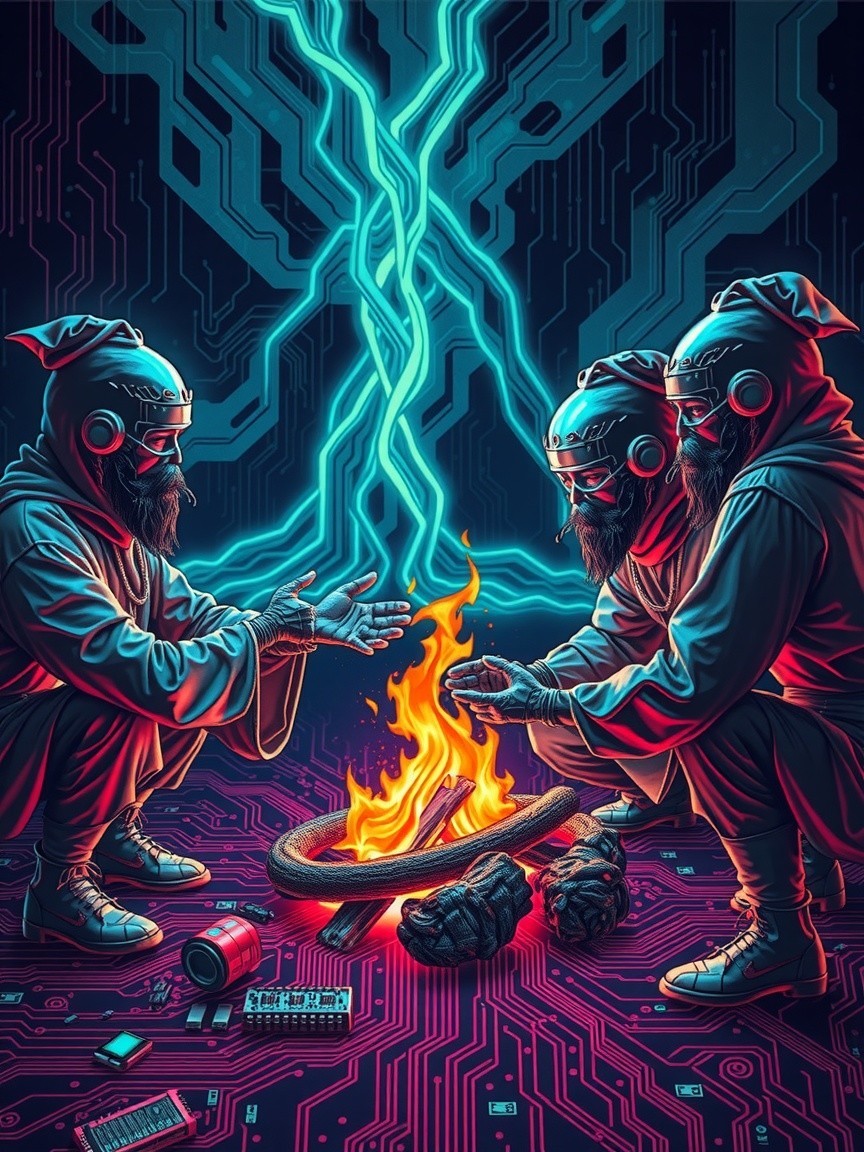 Cyberpunk Scene with Figures Around Digital Fire