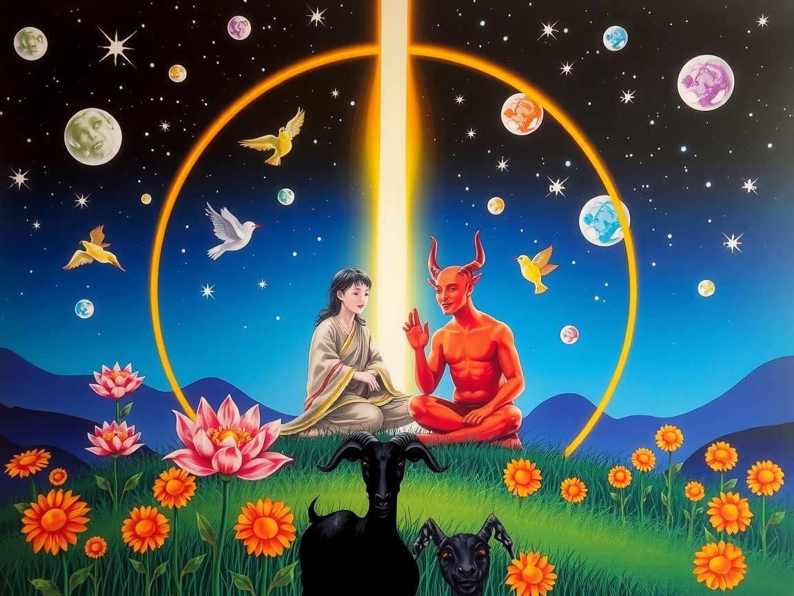 Surreal Scene of Two Realms with Cosmic Backdrop