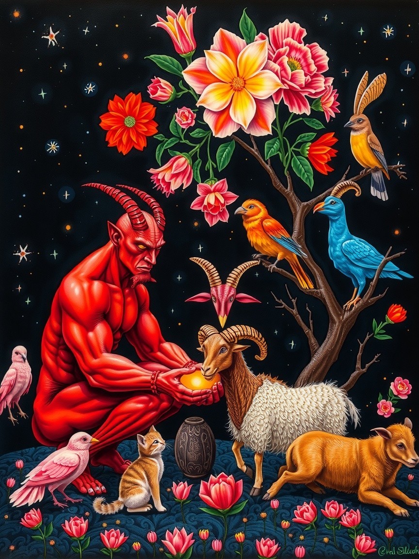 Vibrant Artwork with Devilish Figure and Mystical Scene