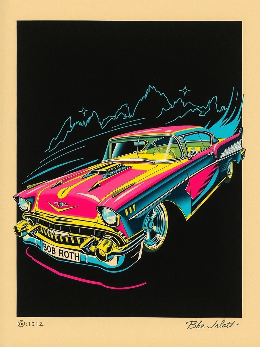 Vibrant 1957 Car Illustration with Bold Colors and Effects