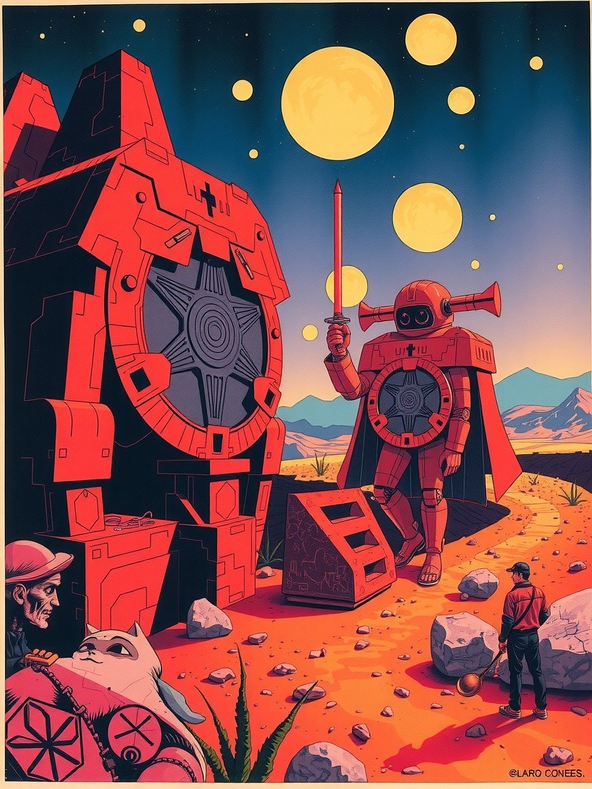Surreal Desert Landscape with Armored Figure and Ruins