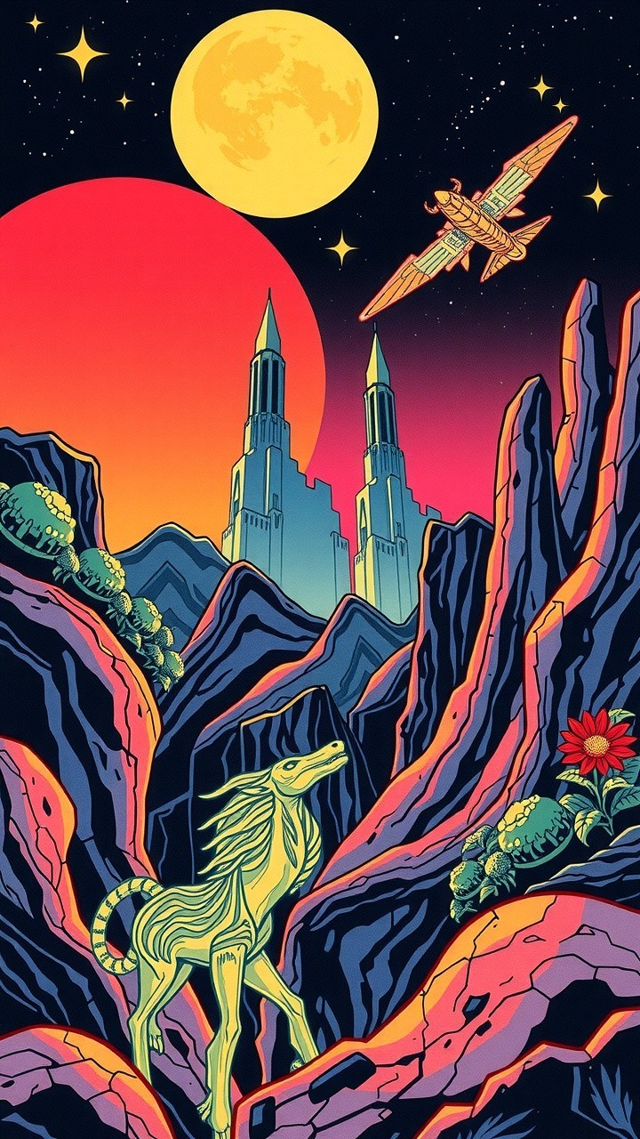 Surreal Landscape with Futuristic Creatures and Skies