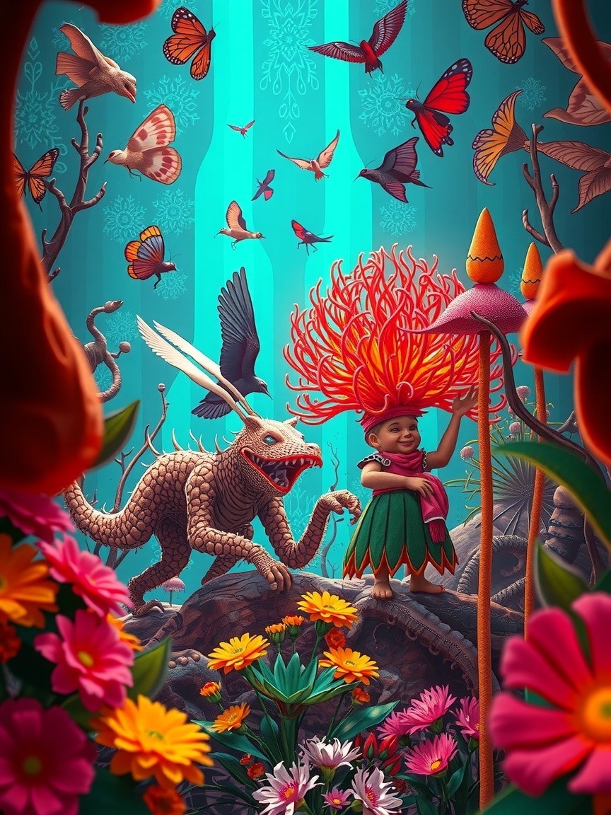 Whimsical Landscape with Colorful Flora and Creatures