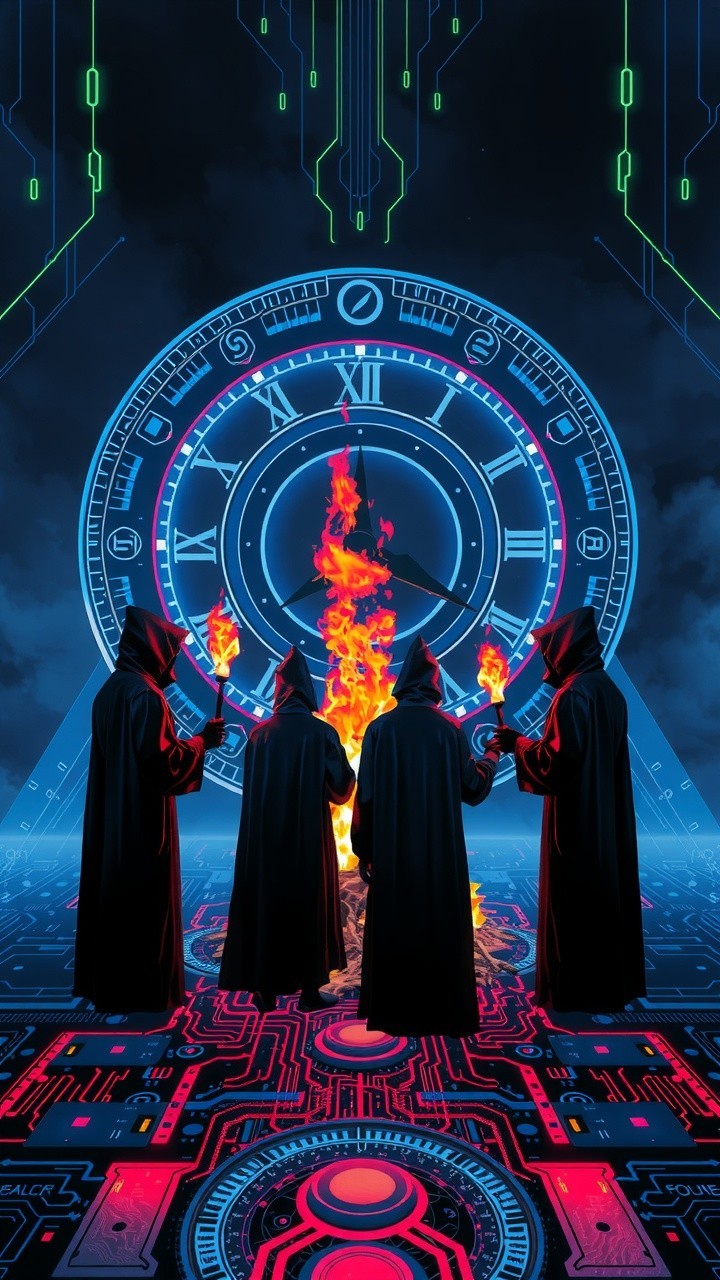 Hooded Figures in Circle with Flames and Digital Clock