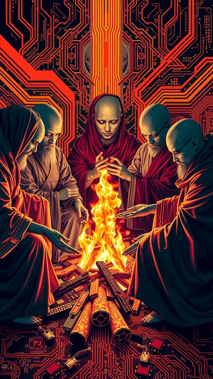 Hooded Figures Contemplating Fire Amid Circuit Patterns