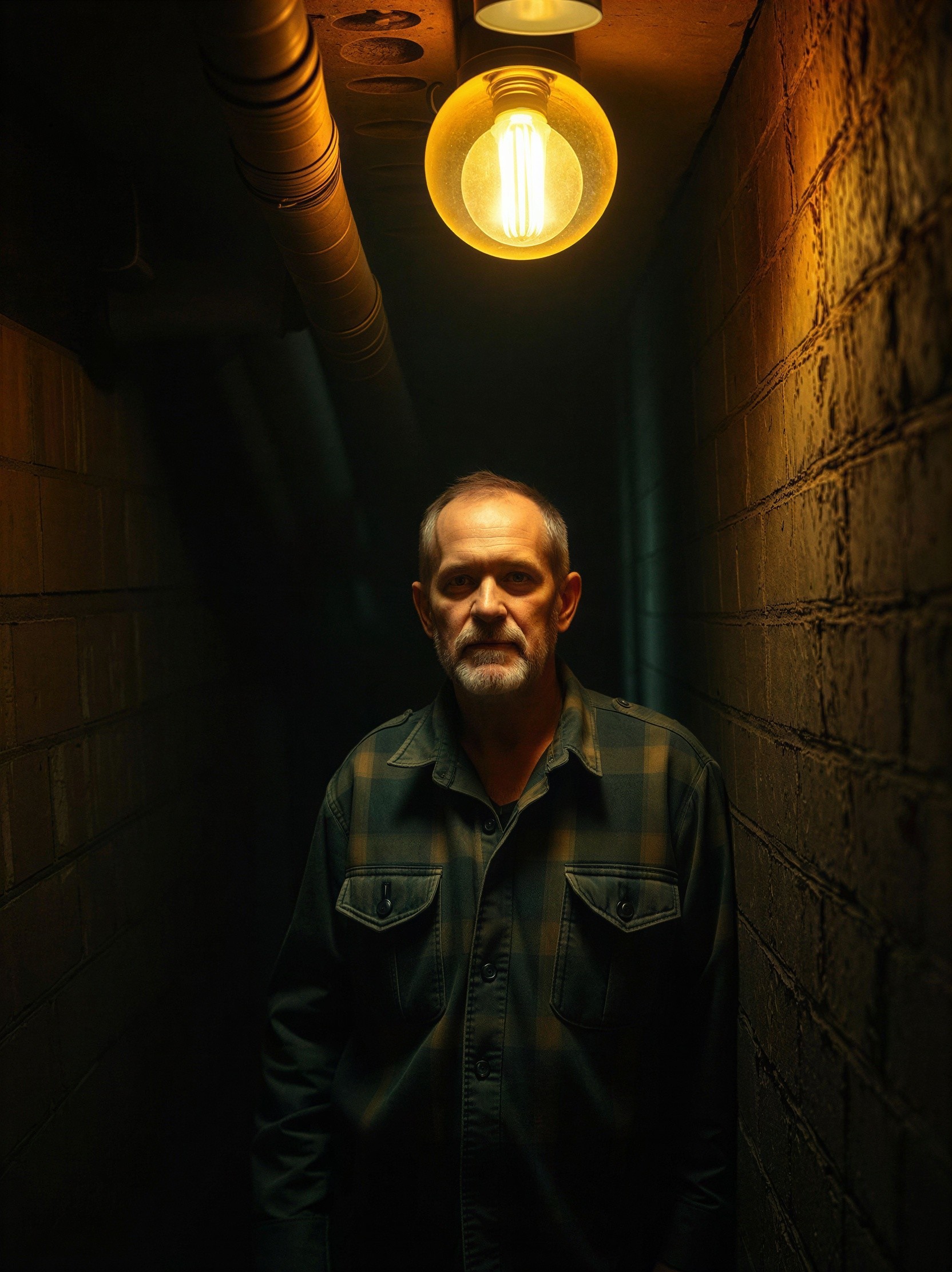 Dark Portrait of Older Man in Dim Corridor