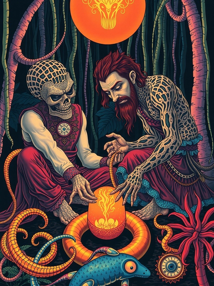 Mystical Forest Ritual with Skeleton and Bearded Man