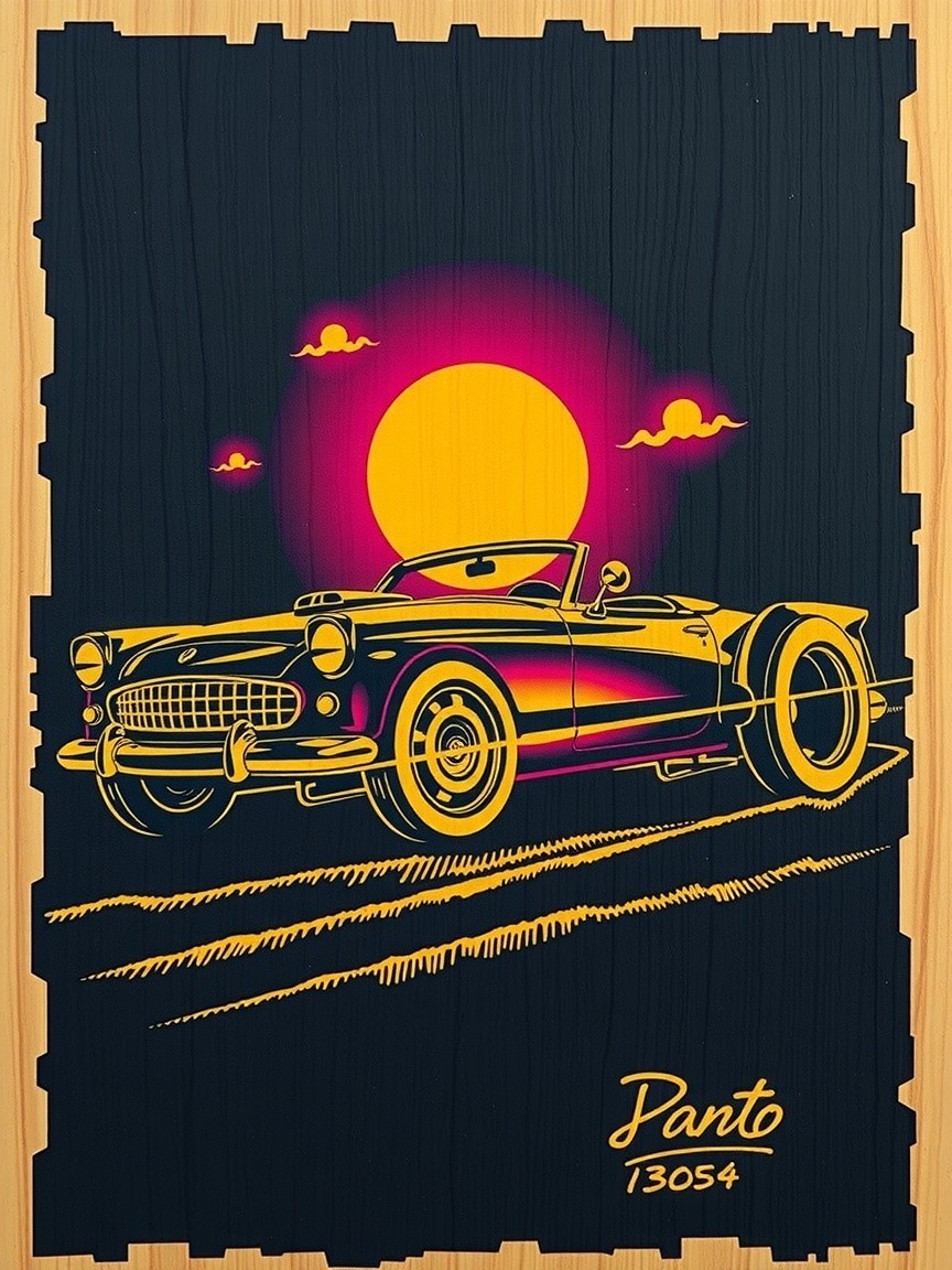 Retro Convertible Car Illustration with Sunset Backdrop