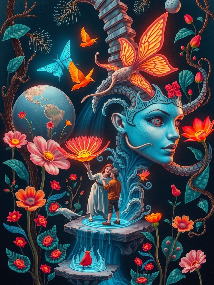 Surreal Scene of Ethereal Face in Colorful Garden