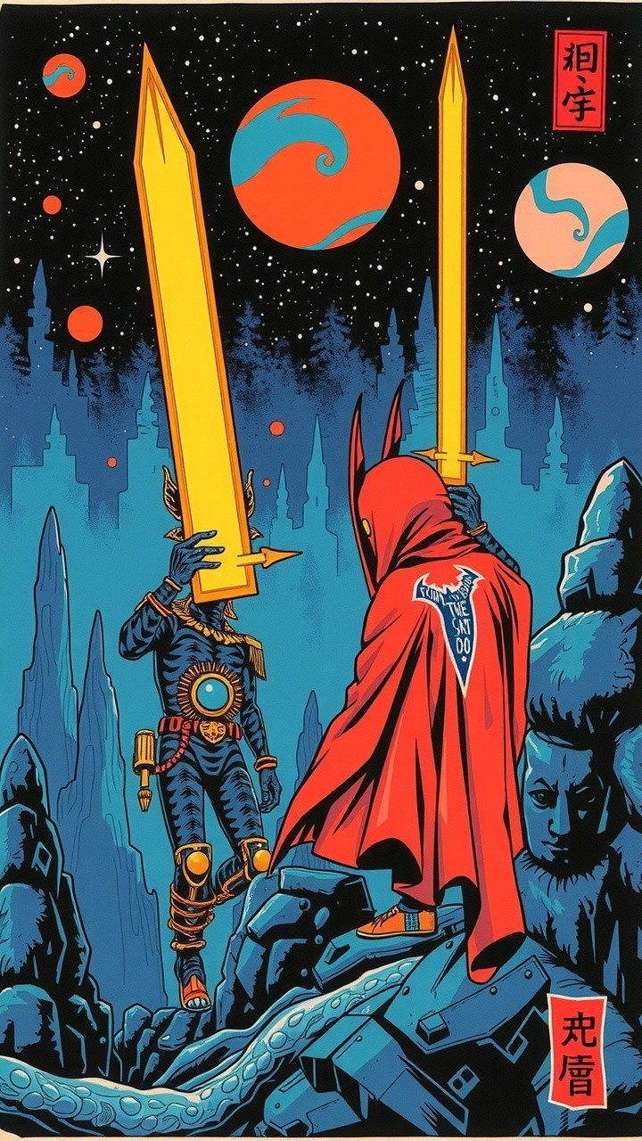 Armored Figures in Cosmic Standoff on Rocky Terrain