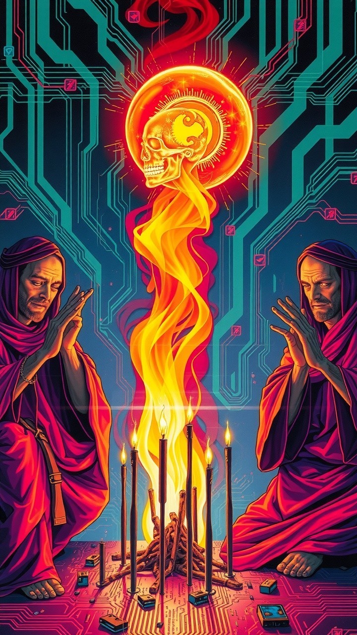 Cloaked Figures in Prayer on Digital Circuitry Background