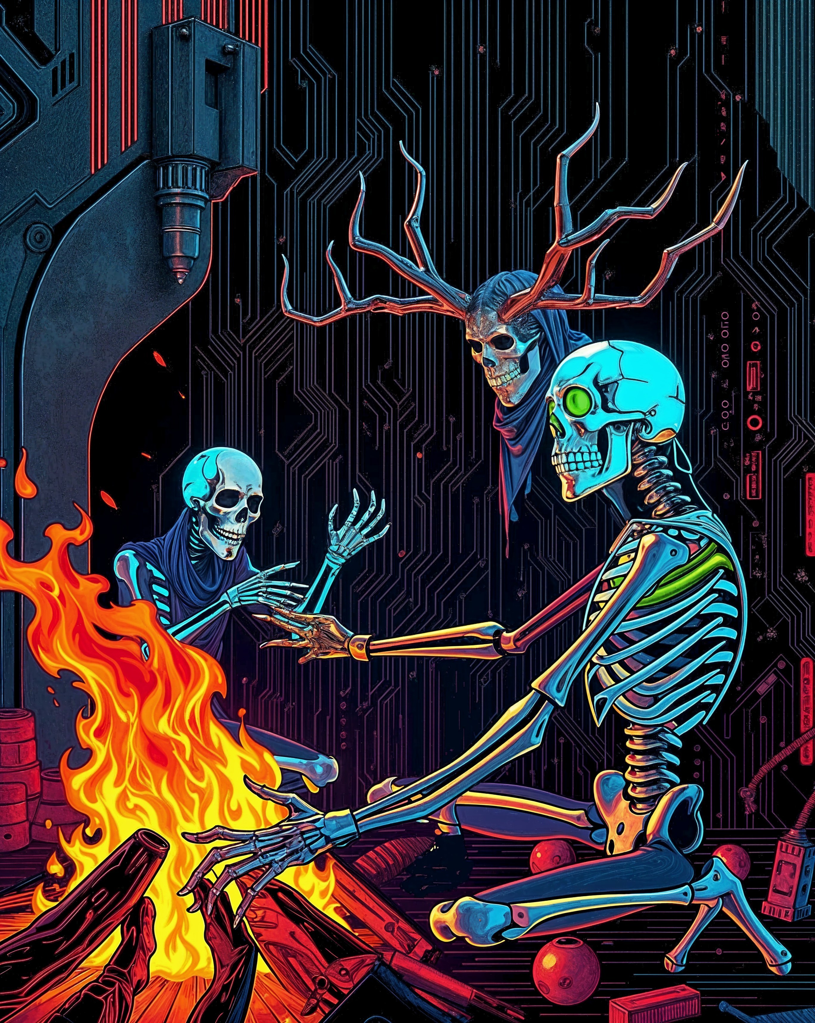 Surreal Scene of Skeletons by a Fire with Circuitry