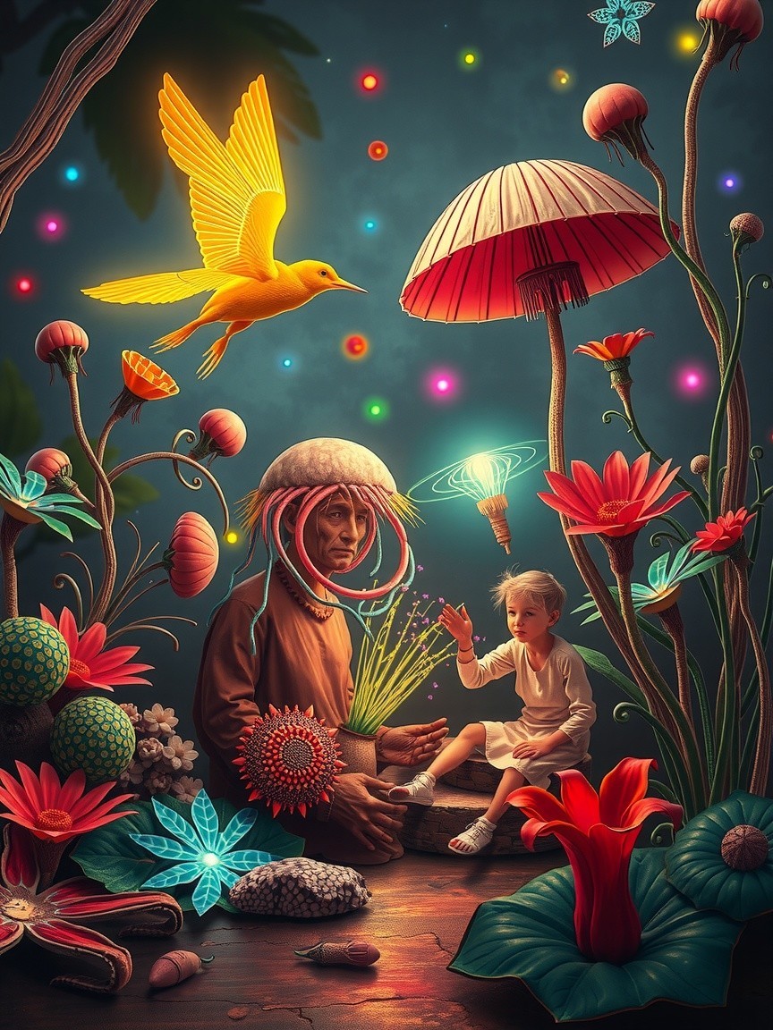 Elder and Child in a Magical Forest Setting