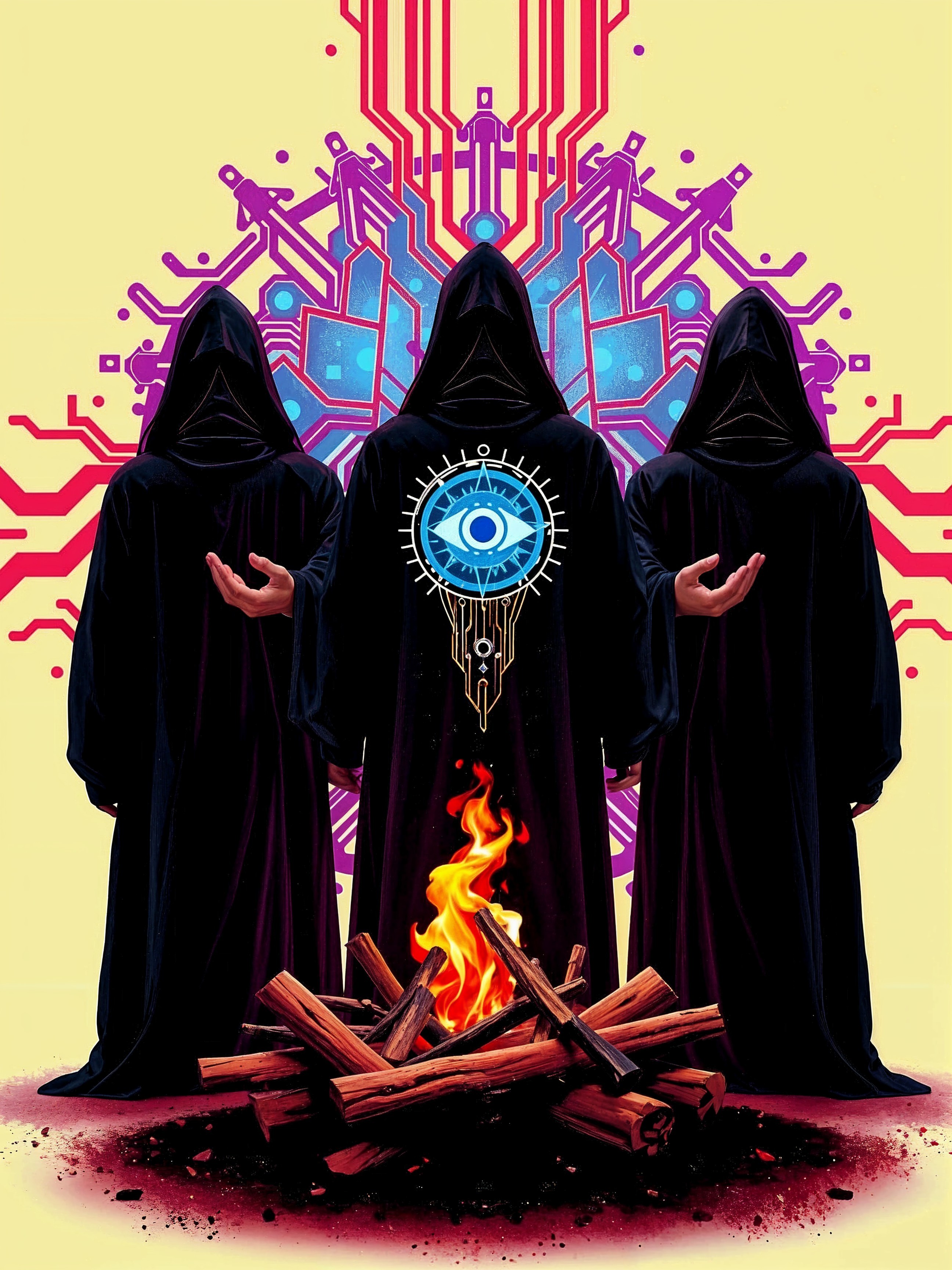 Hooded Figures in Triangle with Abstract Circuit Backdrop