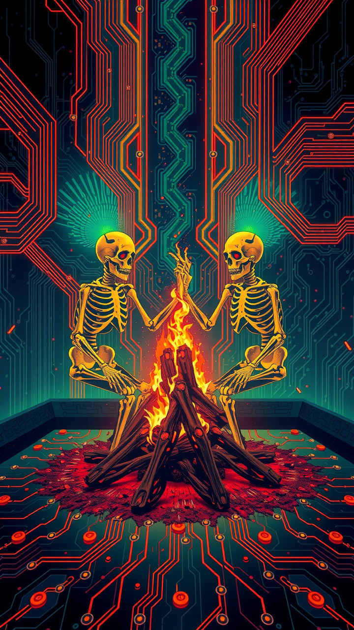 Glowing Skeletons by Campfire in Neon Circuit Setting