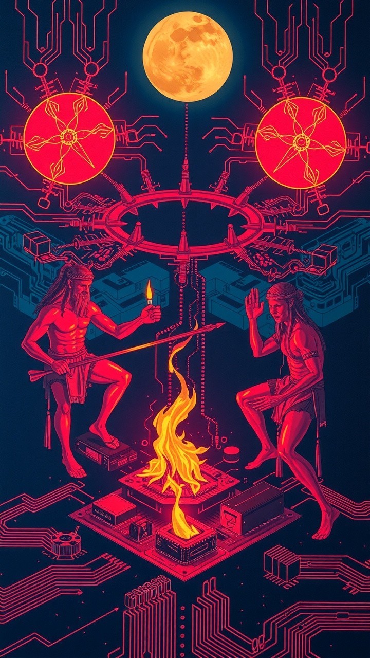 Figures with Torch and Hand by Vibrant Fire and Moon