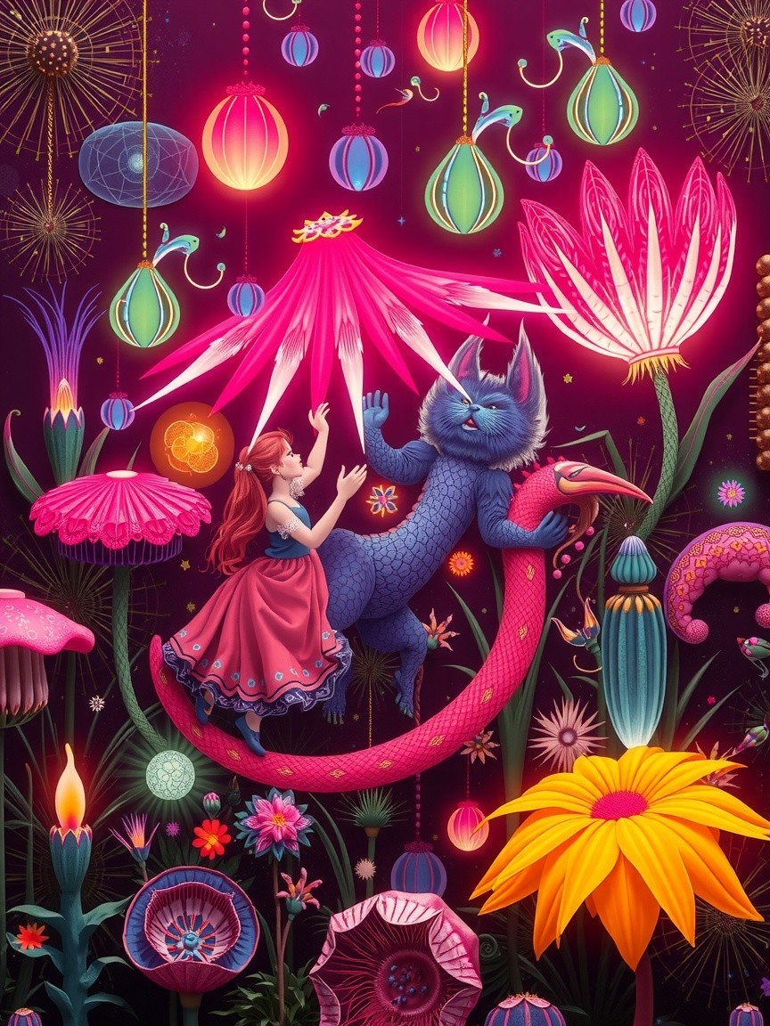 Enchanted garden with girl, blue creature, and flowers