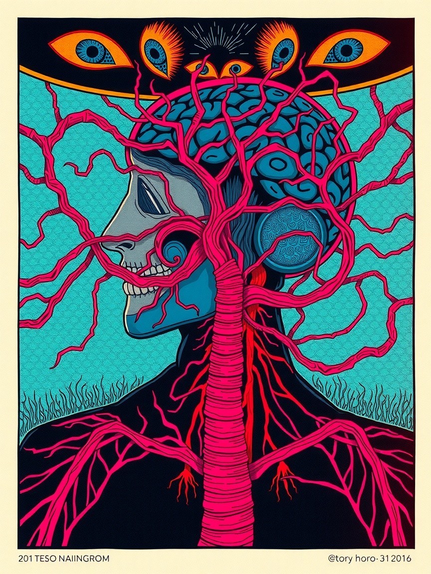 Surreal Human Head with Skull and Three Eyes