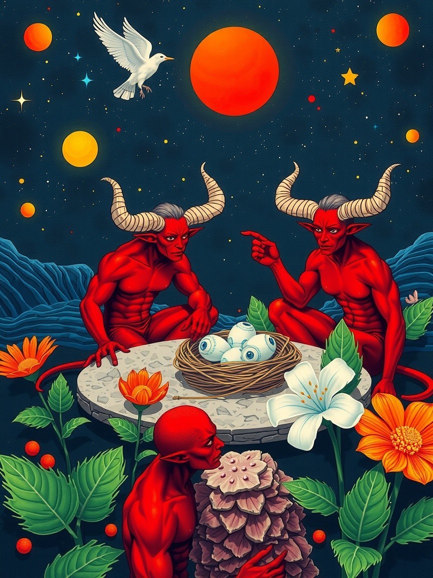 Cosmic Landscape with Horned Figures and Unique Eggs