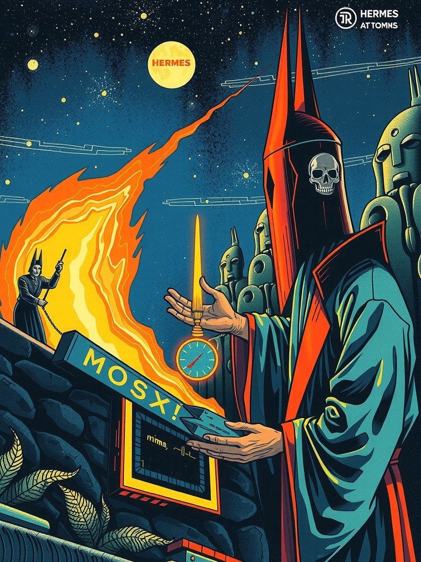 Mysterious Figure in Cloak by Blazing Fire and Console