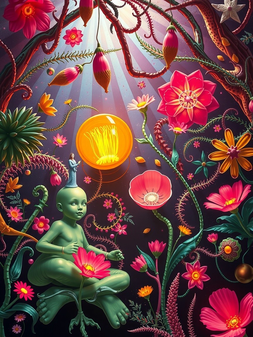 Surreal Scene with Cherubic Figure and Vibrant Flora