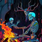 Skeletal Figures by Fire in a Neon Background