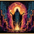 Mysterious Figure in Cloak Amidst Glowing Circuits