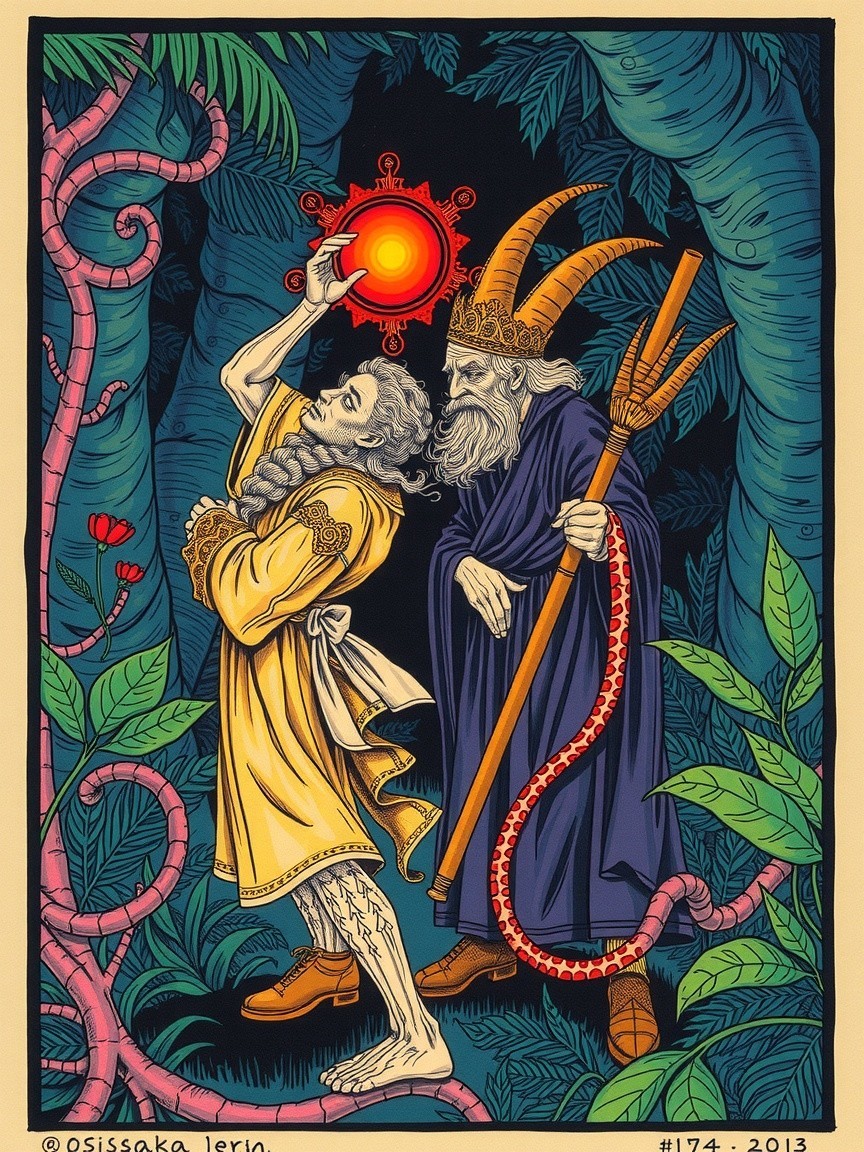 Whimsical Jungle Scene with Figures and Lush Flora