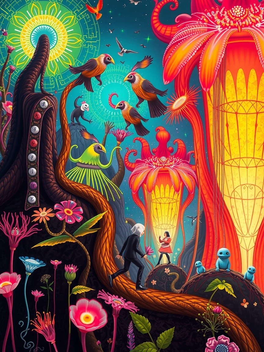Surreal Landscape with Glowing Flowers and Creatures