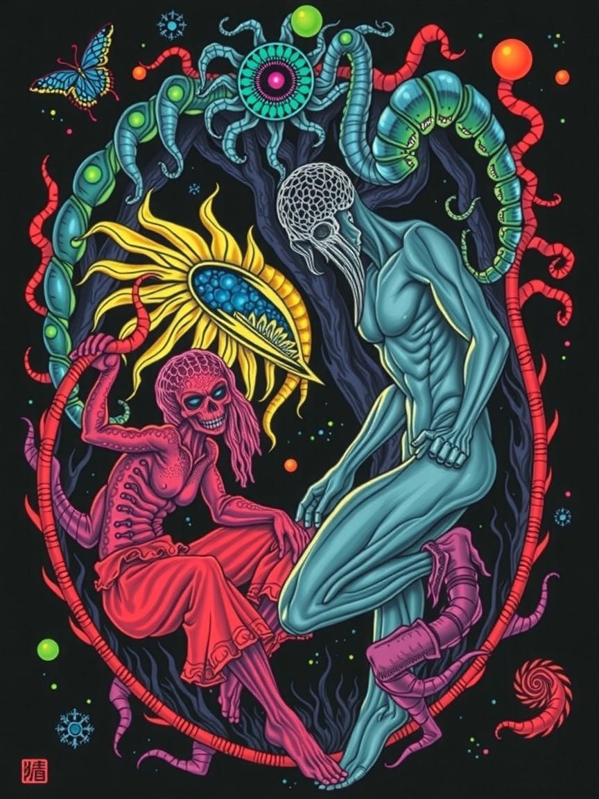 Surreal Illustration of Skeletal Figures in Cosmic Scene