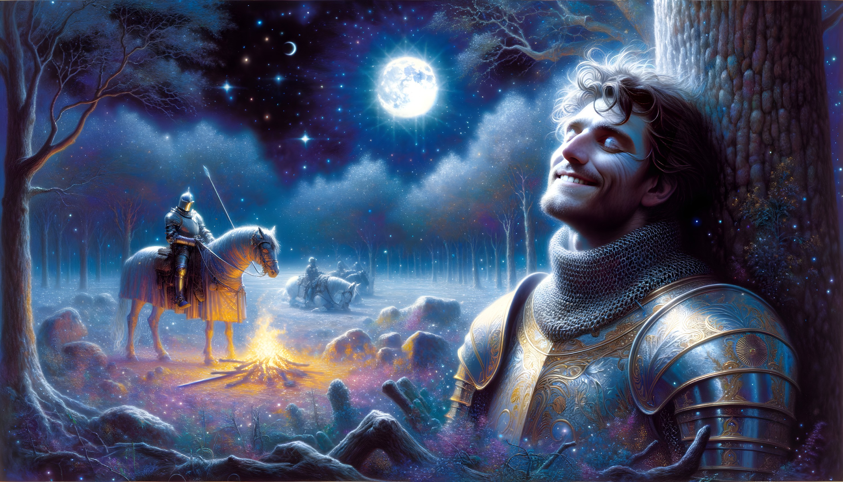 Knight in Armor Resting in Mystical Moonlit Forest