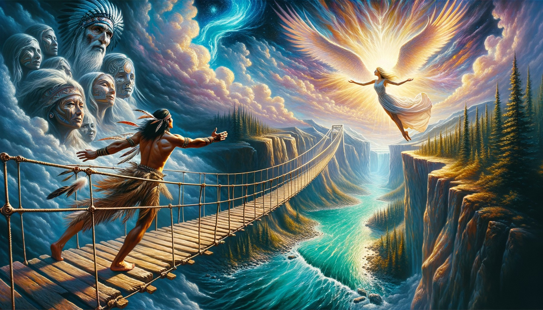 Native American Figure on Bridge Reaching for Angelic Woman