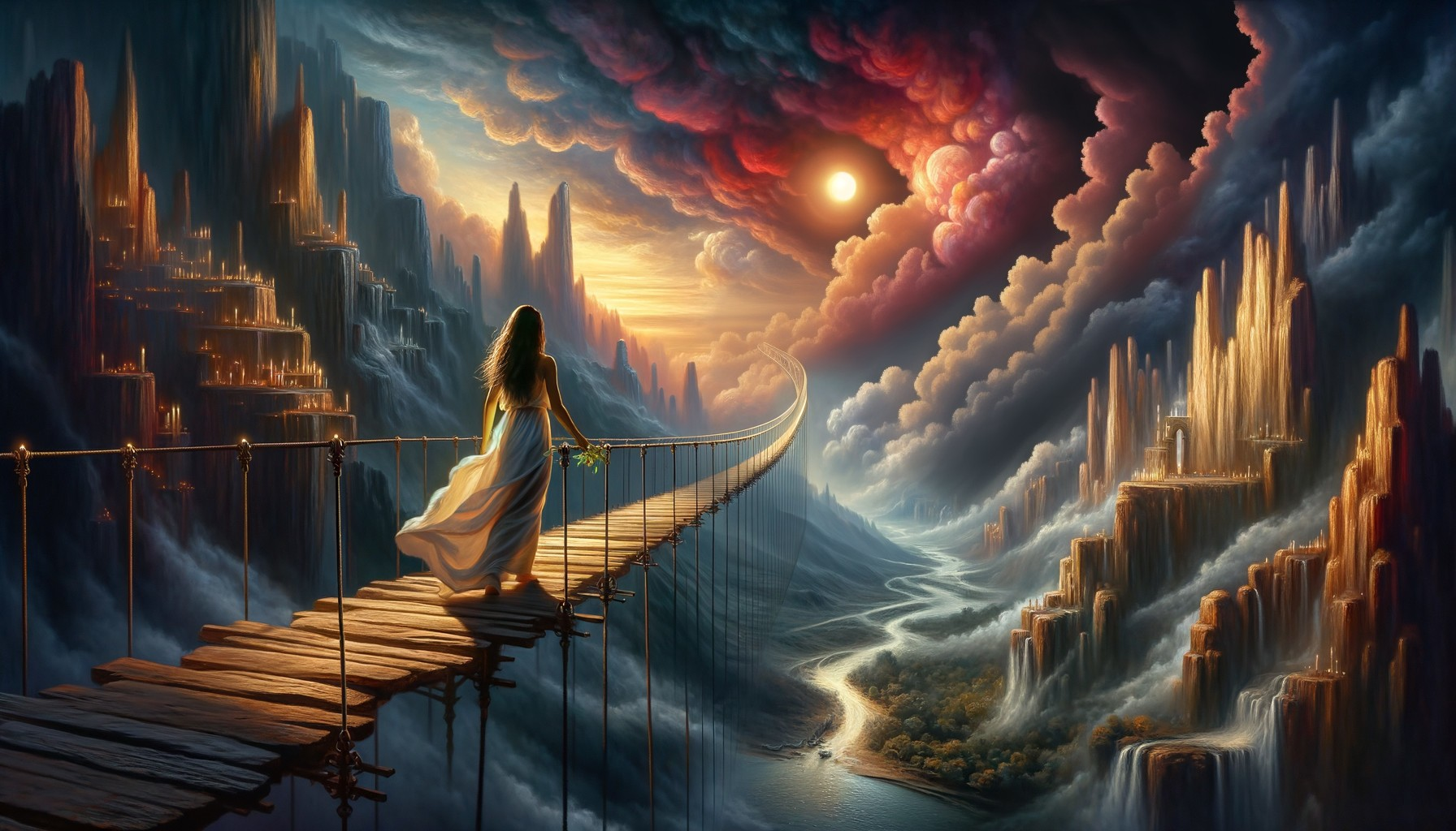 Mystical Landscape with Woman on Wooden Bridge at Sunset