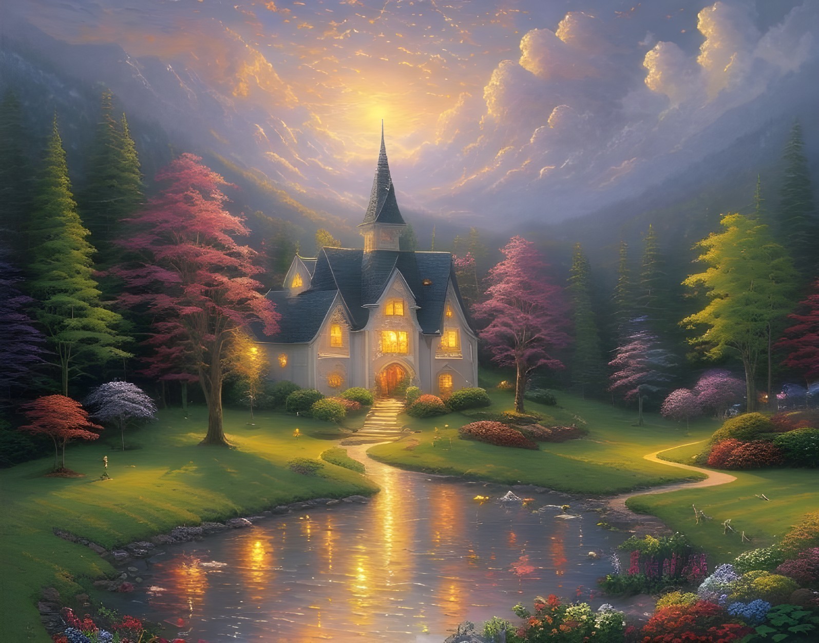 Picturesque cottage nestled among colorful trees by a gentle river