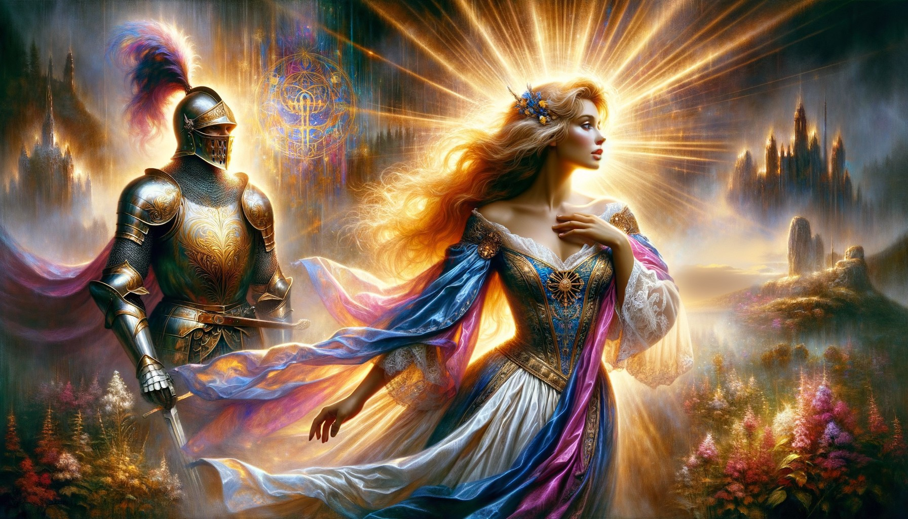 Regal Woman and Knight in Enchanted Landscape Scene