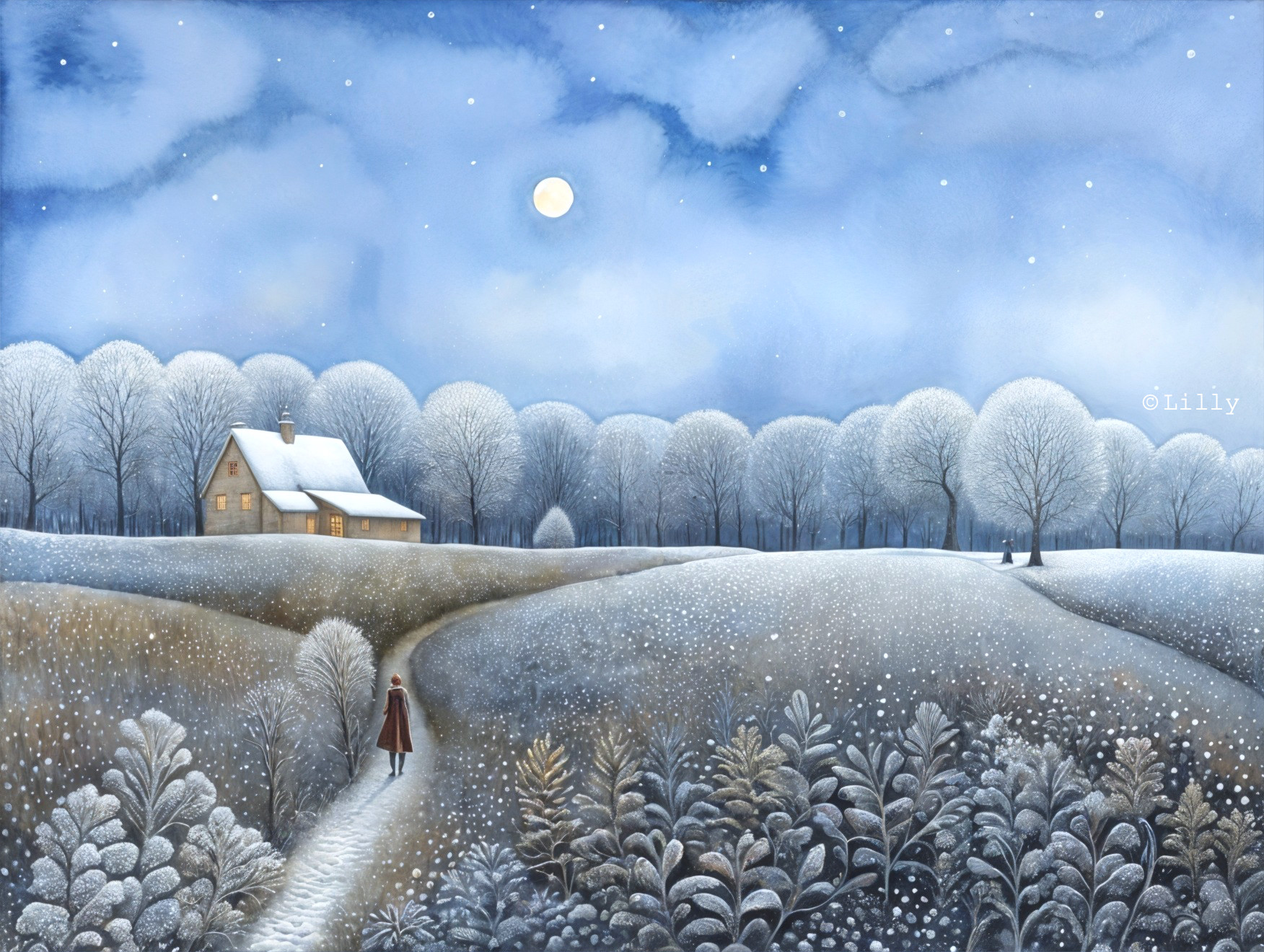 Serene Winter Landscape with Moonlit Sky and House