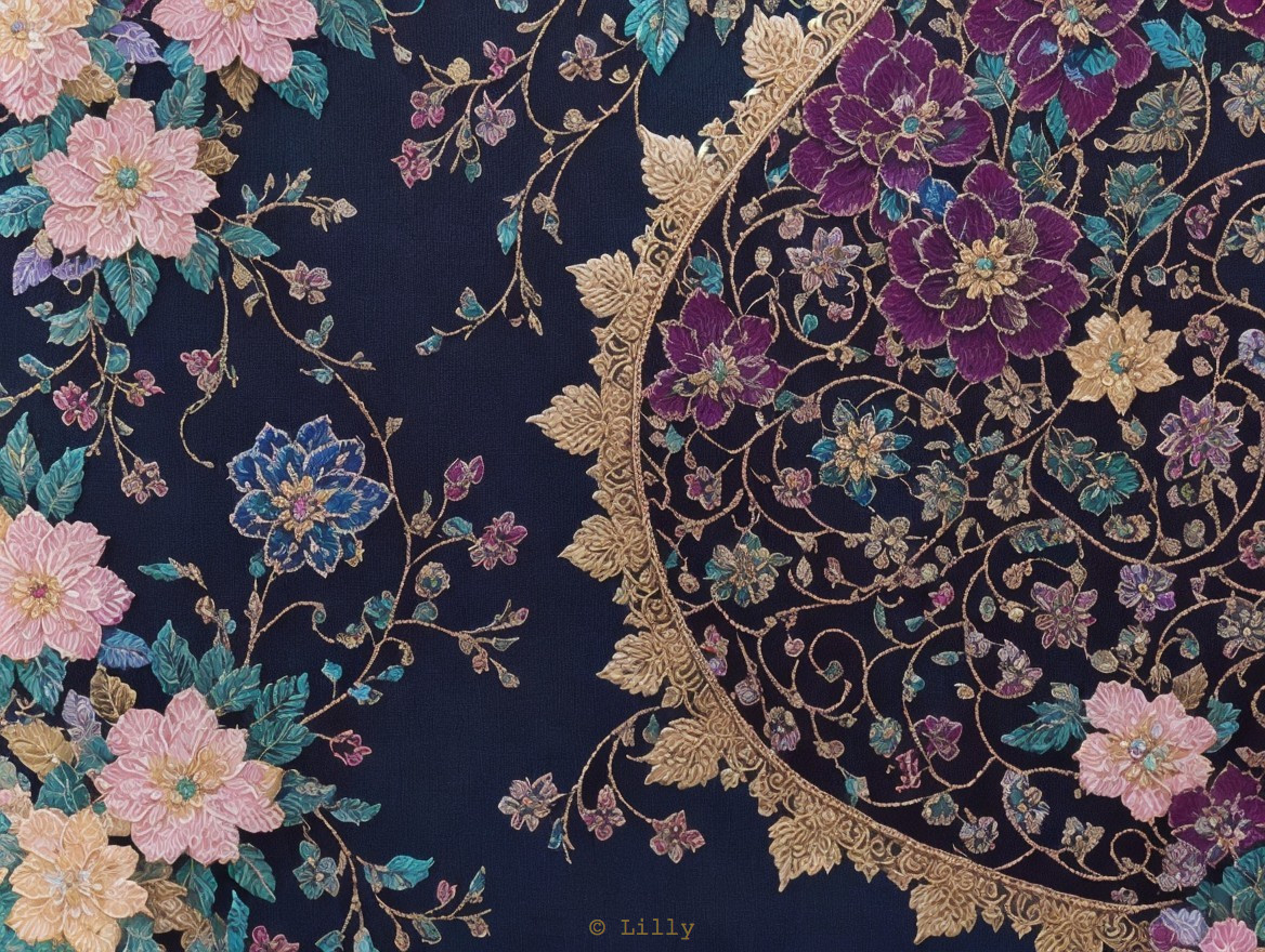 Exquisite Embroidery with Floral Design on Navy Background