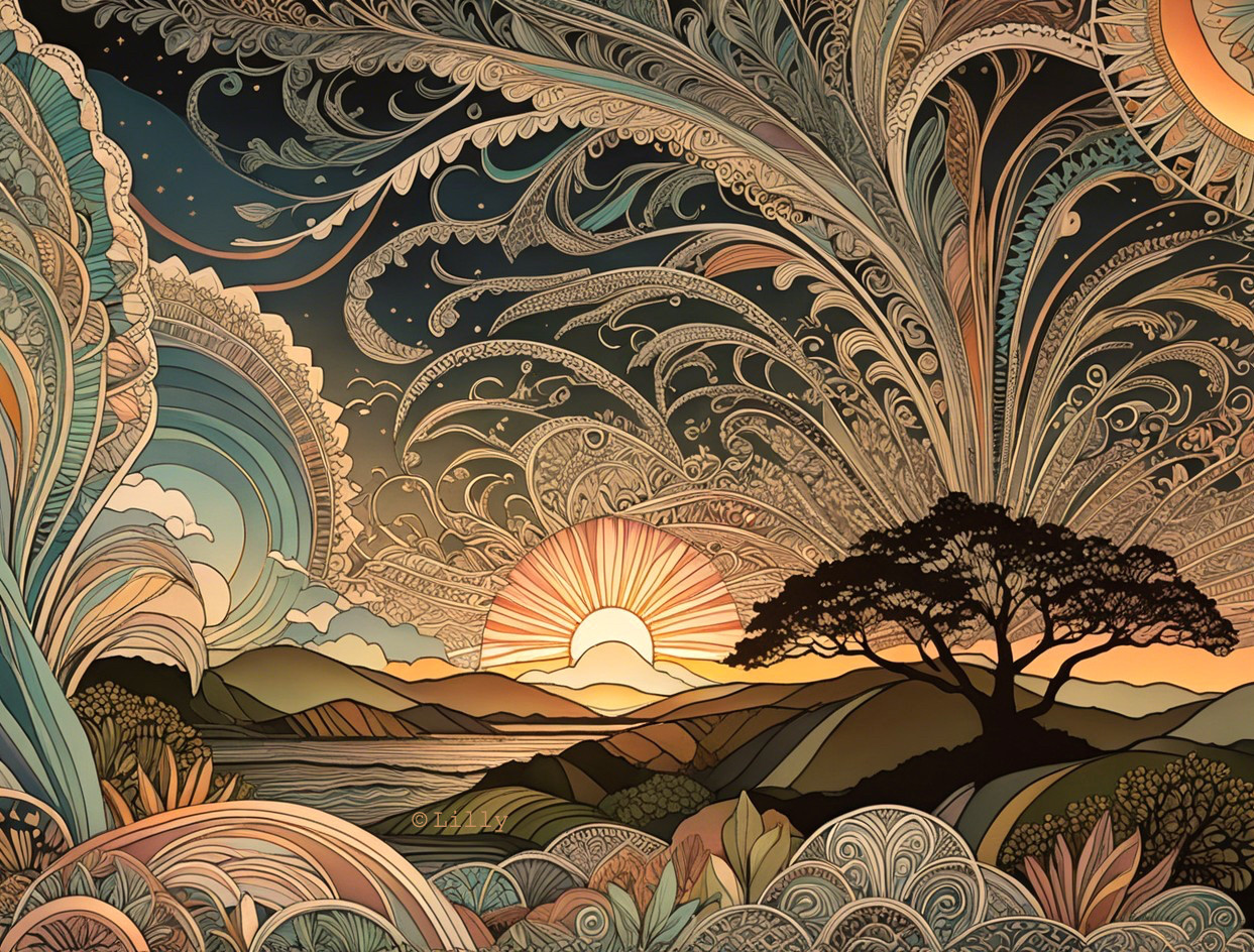 Whimsical Landscape with Swirling Patterns and Sunset