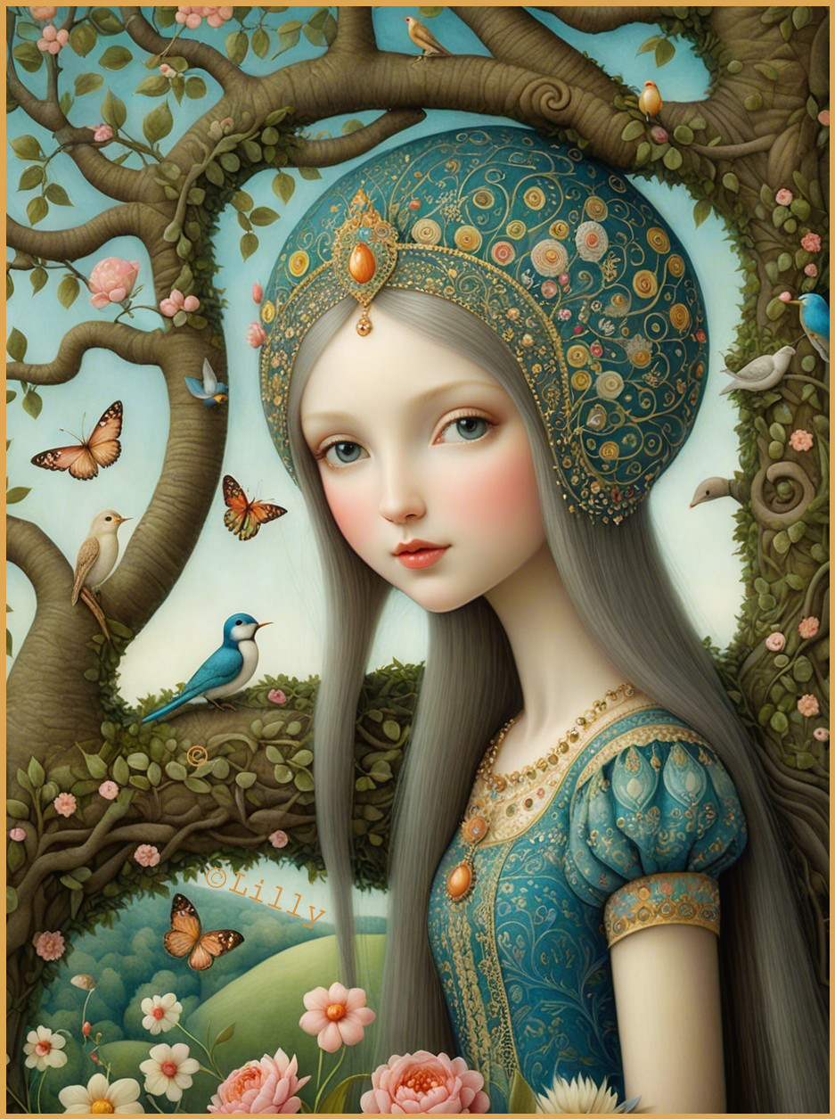 Young girl in ornate blue dress in enchanted forest