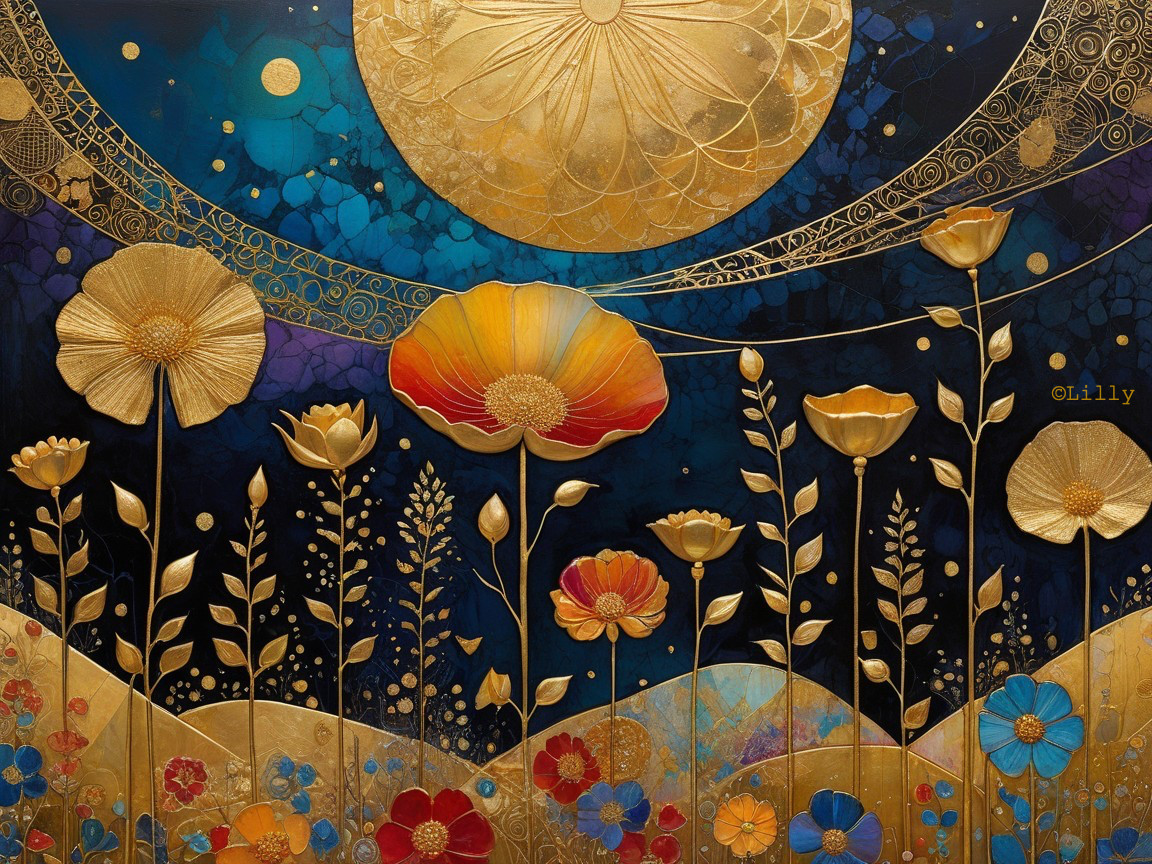 Vibrant Artwork of Golden Flowers on Blue Background