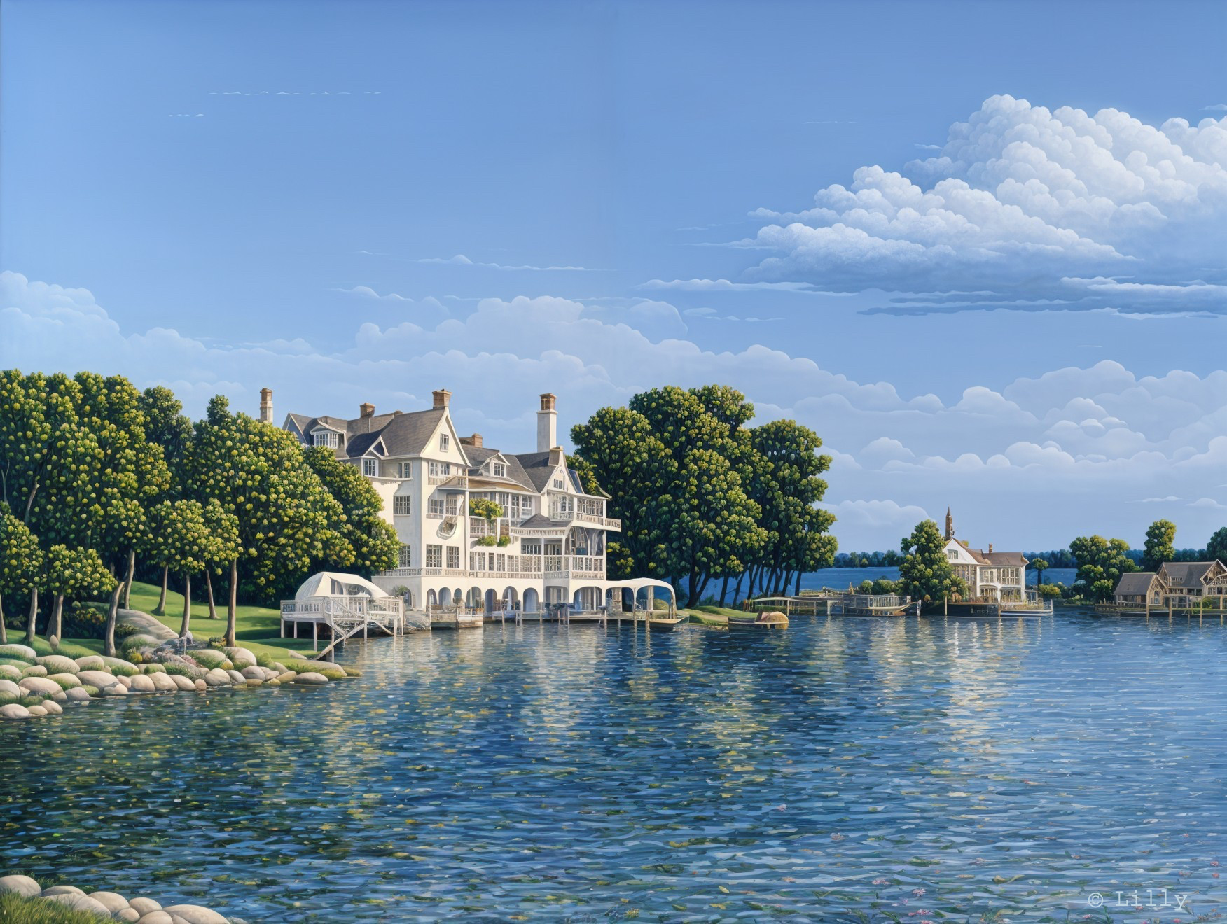 Lakeside Mansion Surrounded by Lush Greenery