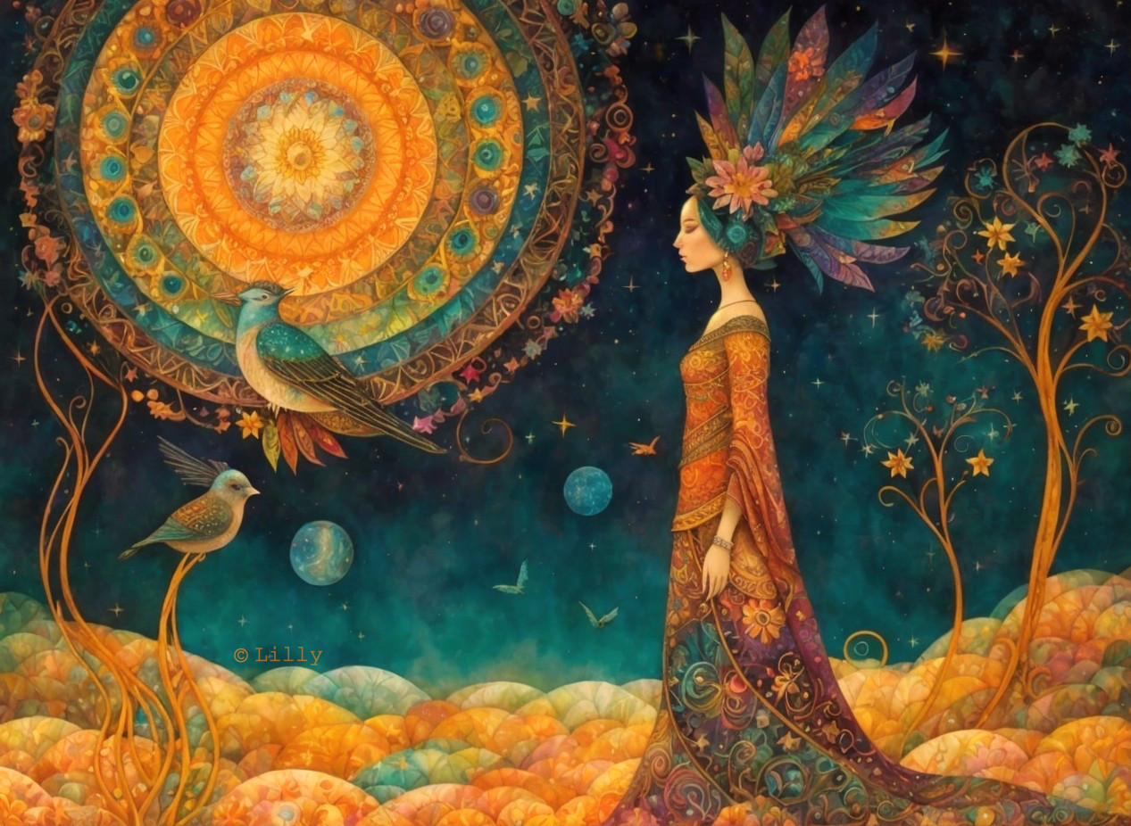 Serene figure in vibrant colors with celestial elements