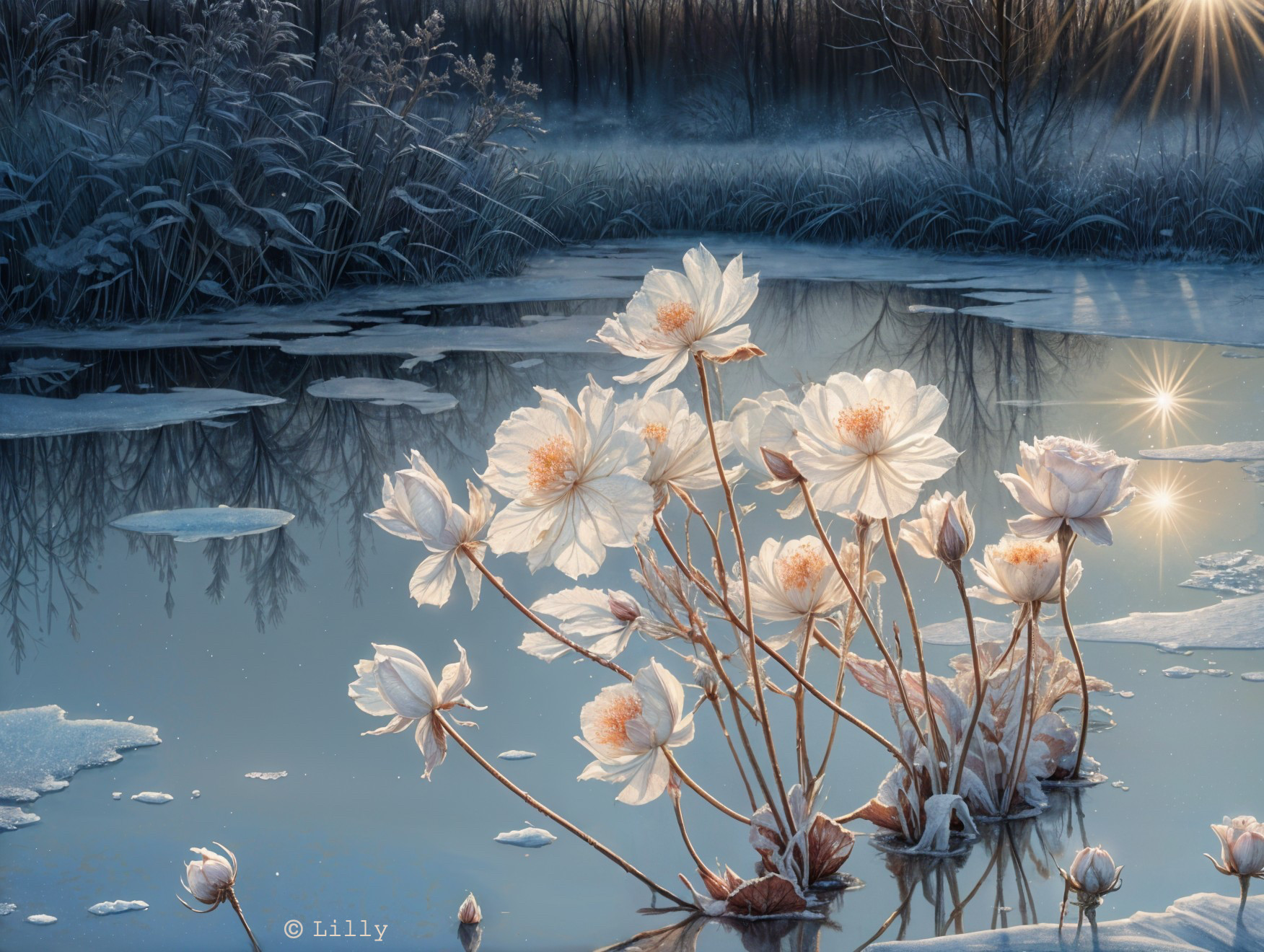 White Flowers in a Serene Frozen Landscape