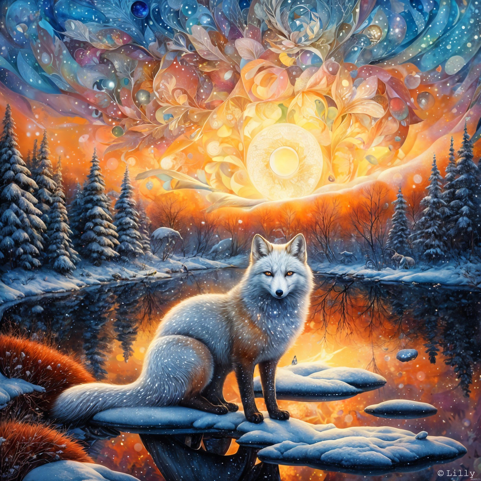 Winter Scene with White Fox by Tranquil Lake at Sunset