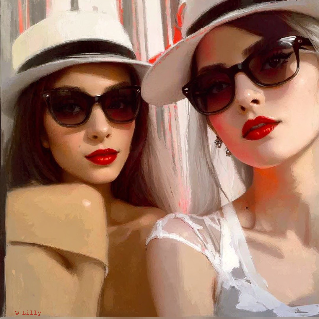 Stylish women in white hats and sunglasses on striped backdrop