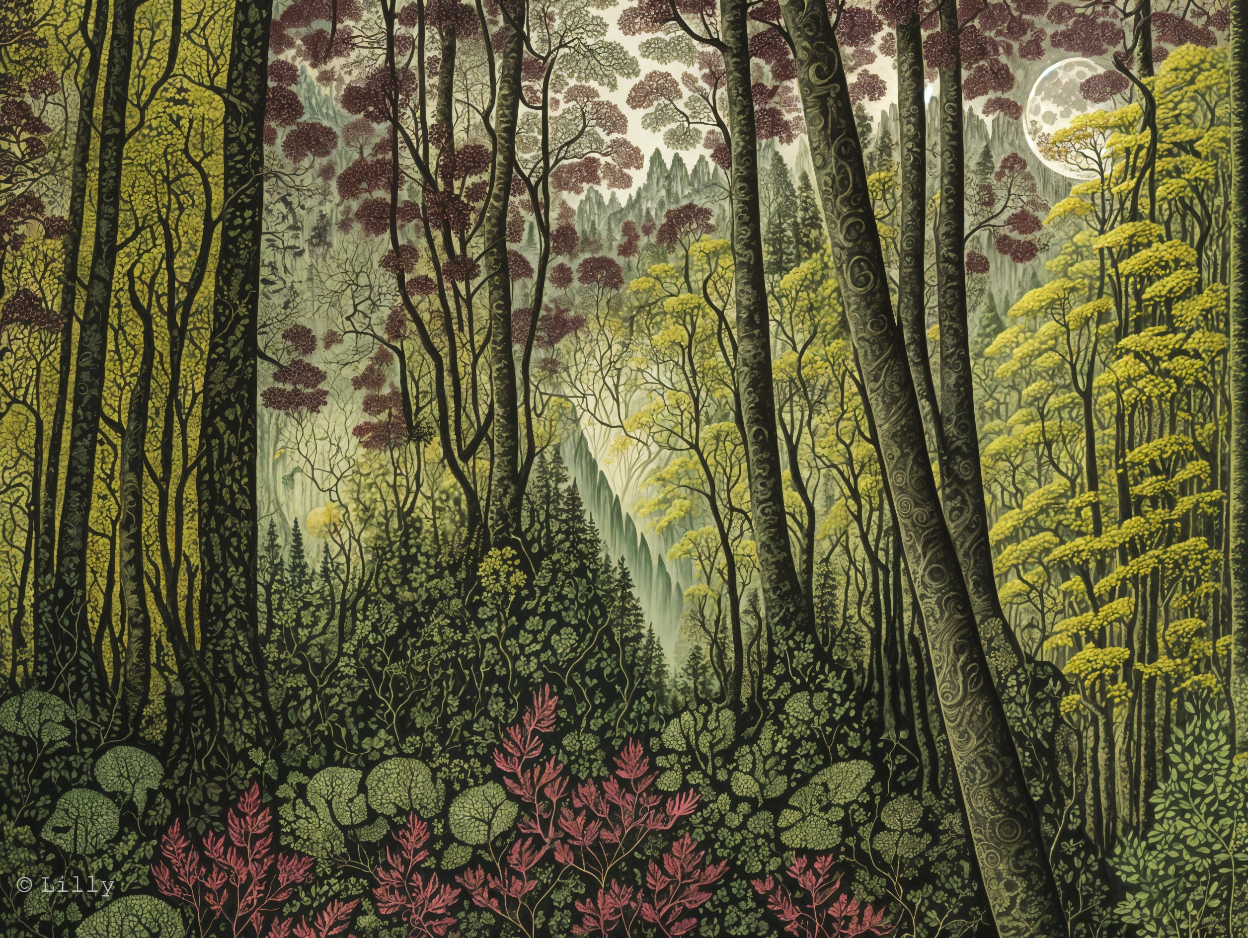 Vibrant Forest Scene with Moonlit Foliage and Trees