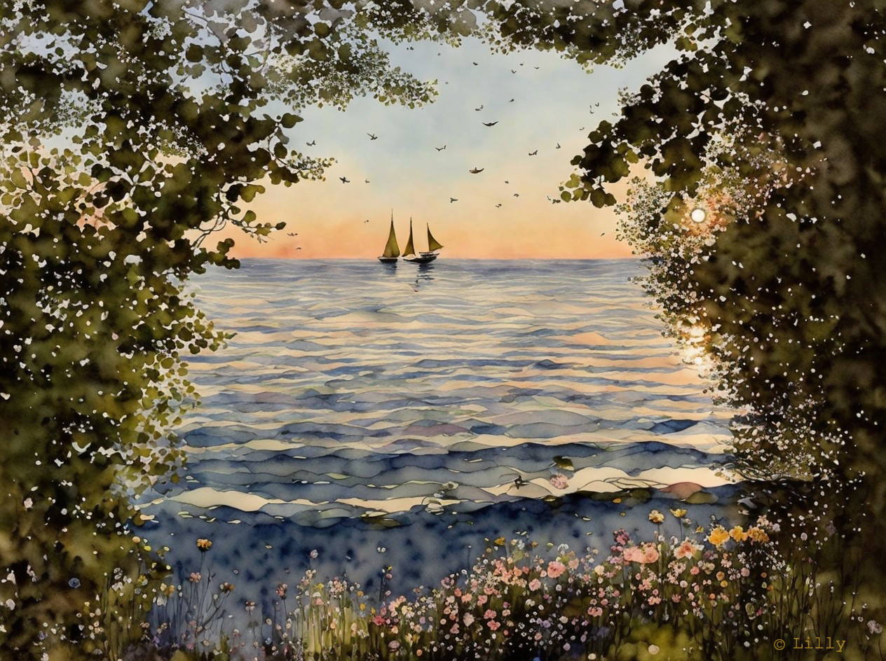 Serene Seascape at Sunset with Sailboats and Flowers