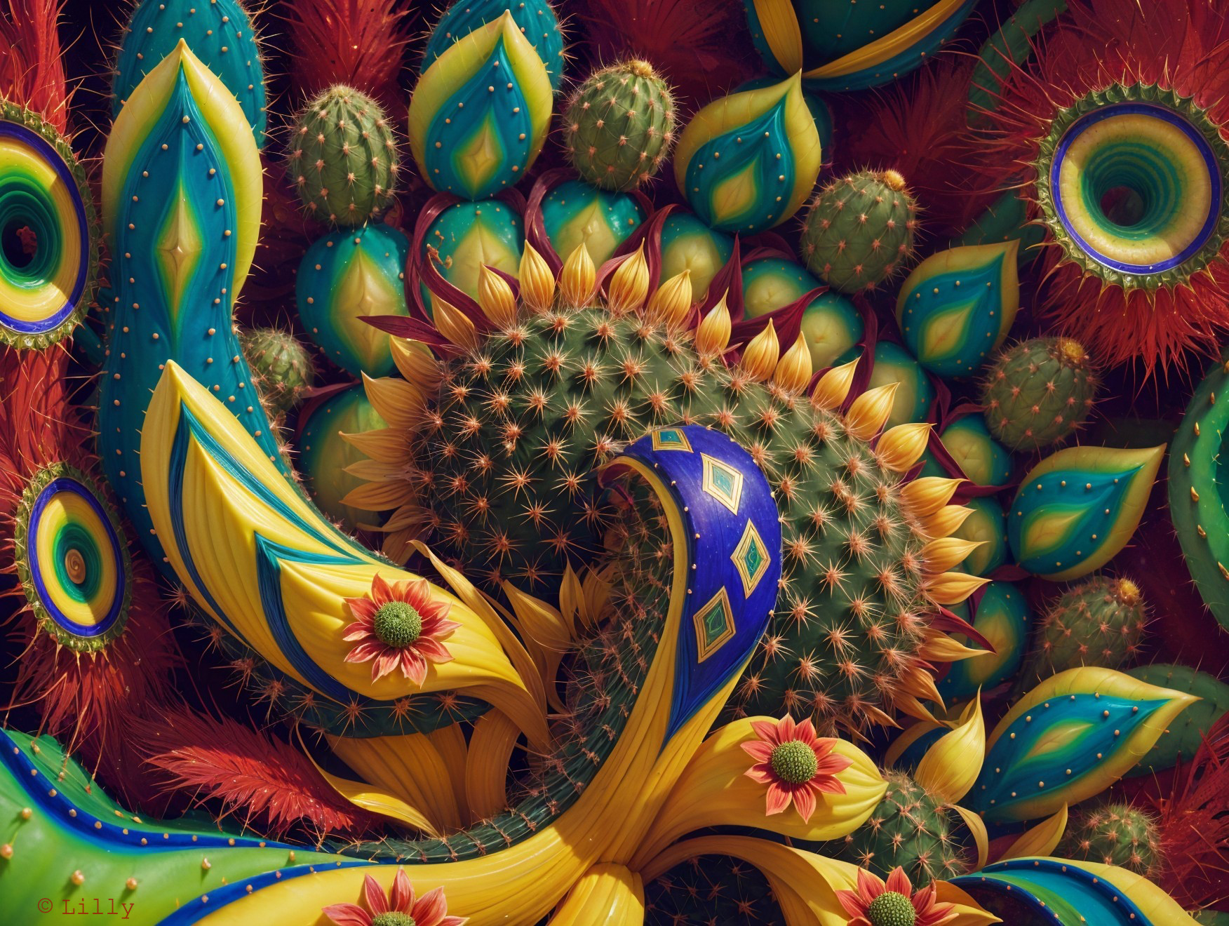 Colorful Cacti with Intricate Patterns and Blooms