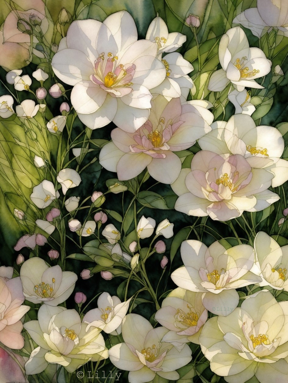 Intricate White Flowers with Yellow Stamens and Greens